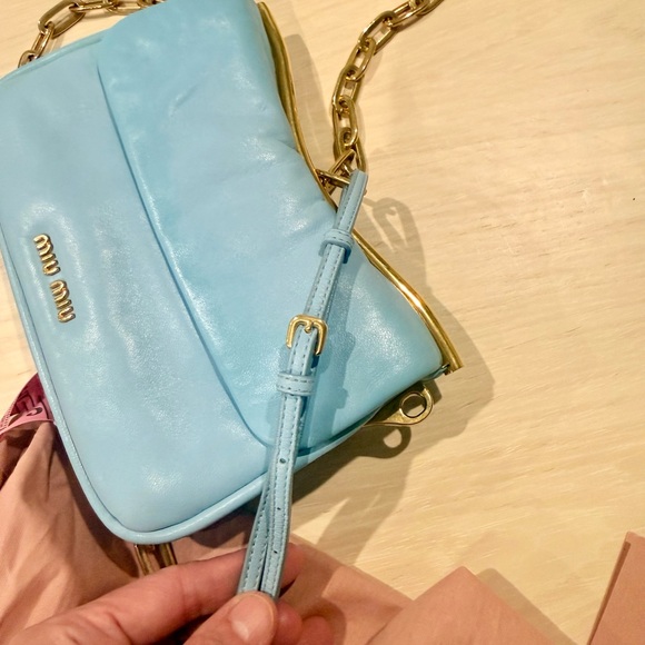 Miu Miu Light Blue Leather Shoulder Bag with Gold Trim - Picture 10 of 11